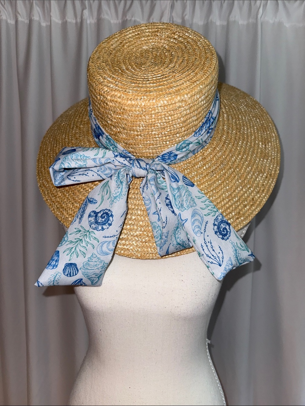 Straw Boater Hat with Blue Shell-Print Scarf